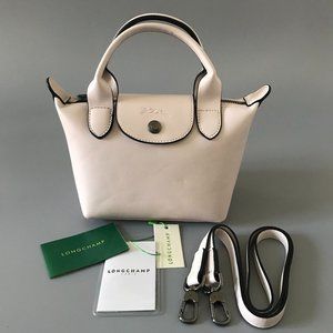 Longchamp Women's White Mini Le Pliage Leather Top Handle Bag Purse Crossbody